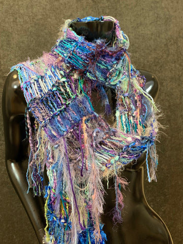 Hand knit ocean aqua purple Scarf, Hand knit Funky scrappy scarf