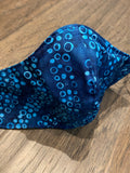 Handmade cotton blue dot batik teen size face mask with filter pocket and nose wire, adjustable elastic