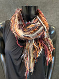 Handmade Fringie art yarn scarf in burgundy wine and orange, fall colors