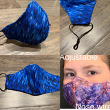Handmade cotton blue child or teen size face mask with filter pocket and nose wire, adjustable elastic