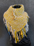 Hand knit Mustard Gray chunky Cowl, merino fringed women huntress cowl
