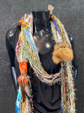 Feather and Leather Fringe Scarf with metal embellishments and leather, art yarn bohemian scarf