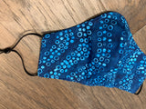 Handmade cotton blue dot batik face mask with filter pocket and nose wire, adjustable elastic