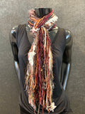 Handmade Fringie art yarn scarf in burgundy wine and orange, fall colors