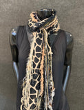 Handmade fringie scarf in giraffe with neutral colors, scrappy fashion, funky scarves