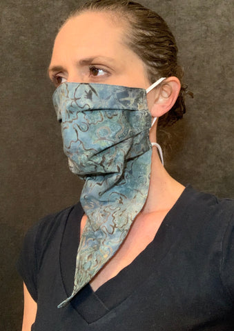 Handmade cotton abstract blue gray face with neck strap, Bandana mask