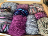 Knitting art yarn bundle, 1.5 lbs, fiber pack, weaving yarns, bulk purple gray yarn gift box